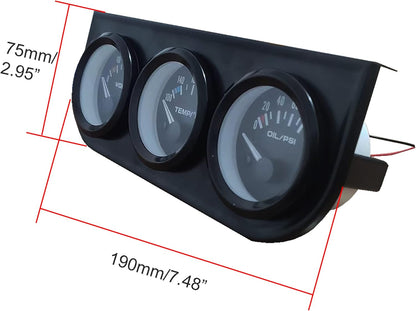 52mm 3 in1 Car Meter Auto Gauge Kit(8-16V Volt Meter +100-250℉ Water Temperature Gauge+ 0-100 psi Oil Pressure Meter)