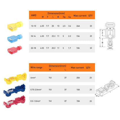 50004R 120 Pcs/60 Pairs Quick Splice Wire Terminals T-Tap Self-stripping with Nylon Fully Insulated Male Quick Disconnects Kit