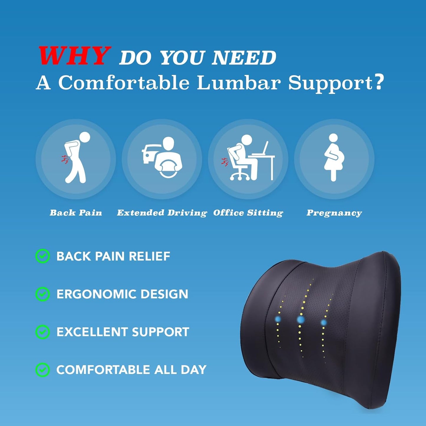 Lumbar Support Pillow: Memory Foam Lumbar Pillow for Lower Back Pain Relief - Car Back Cushion for Driving