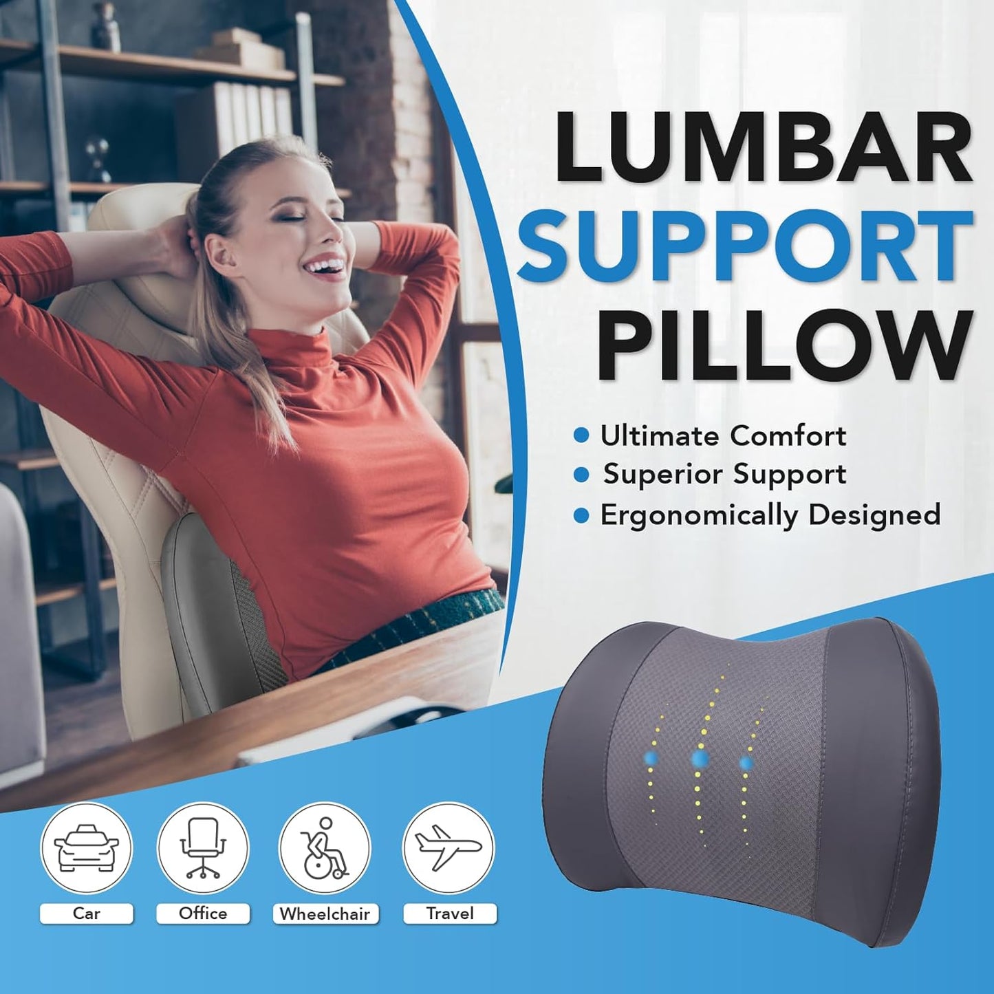 Lumbar Support Pillow: Memory Foam Lumbar Pillow for Lower Back Pain Relief - Car Back Cushion for Driving