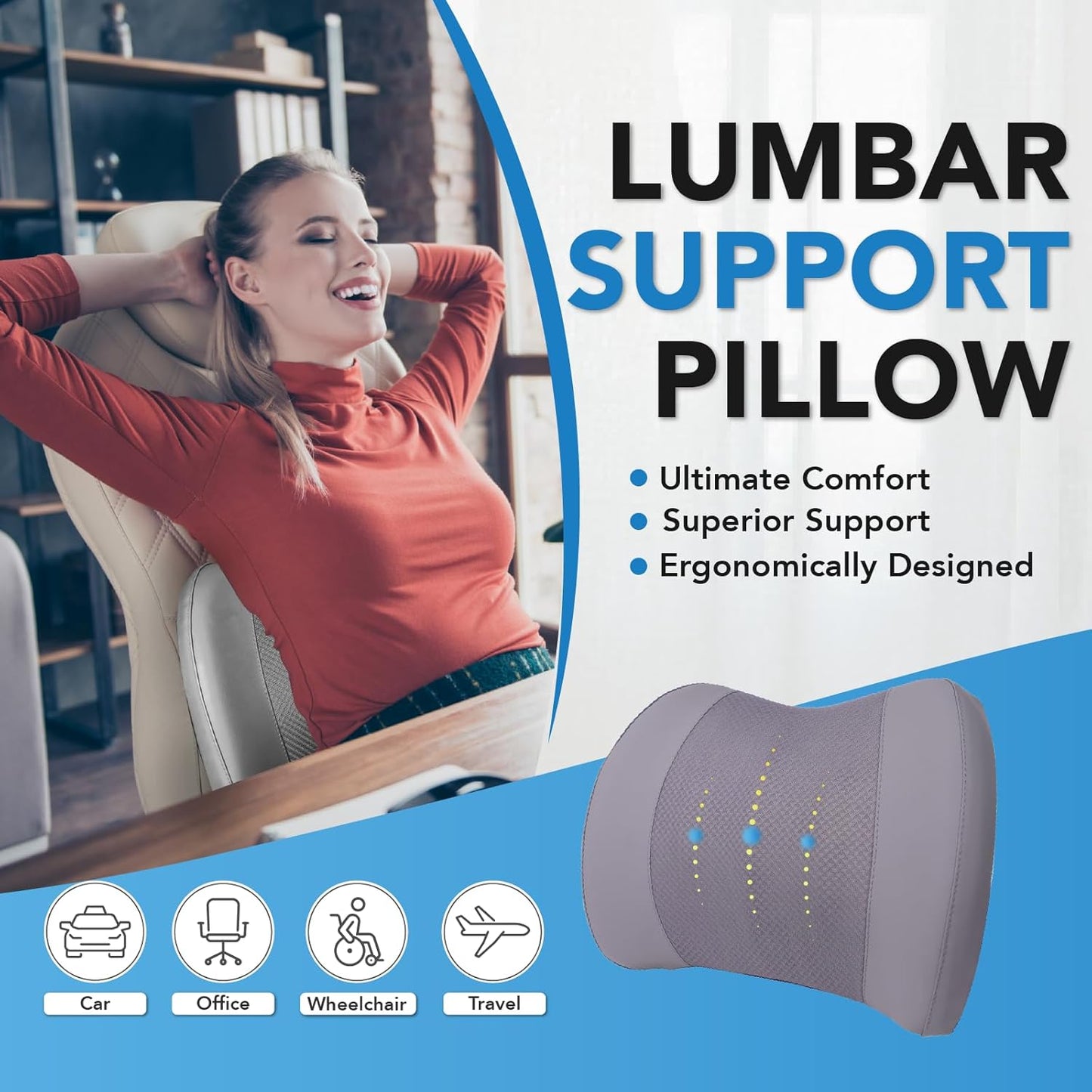 Lumbar Support Pillow: Memory Foam Lumbar Pillow for Lower Back Pain Relief - Car Back Cushion for Driving