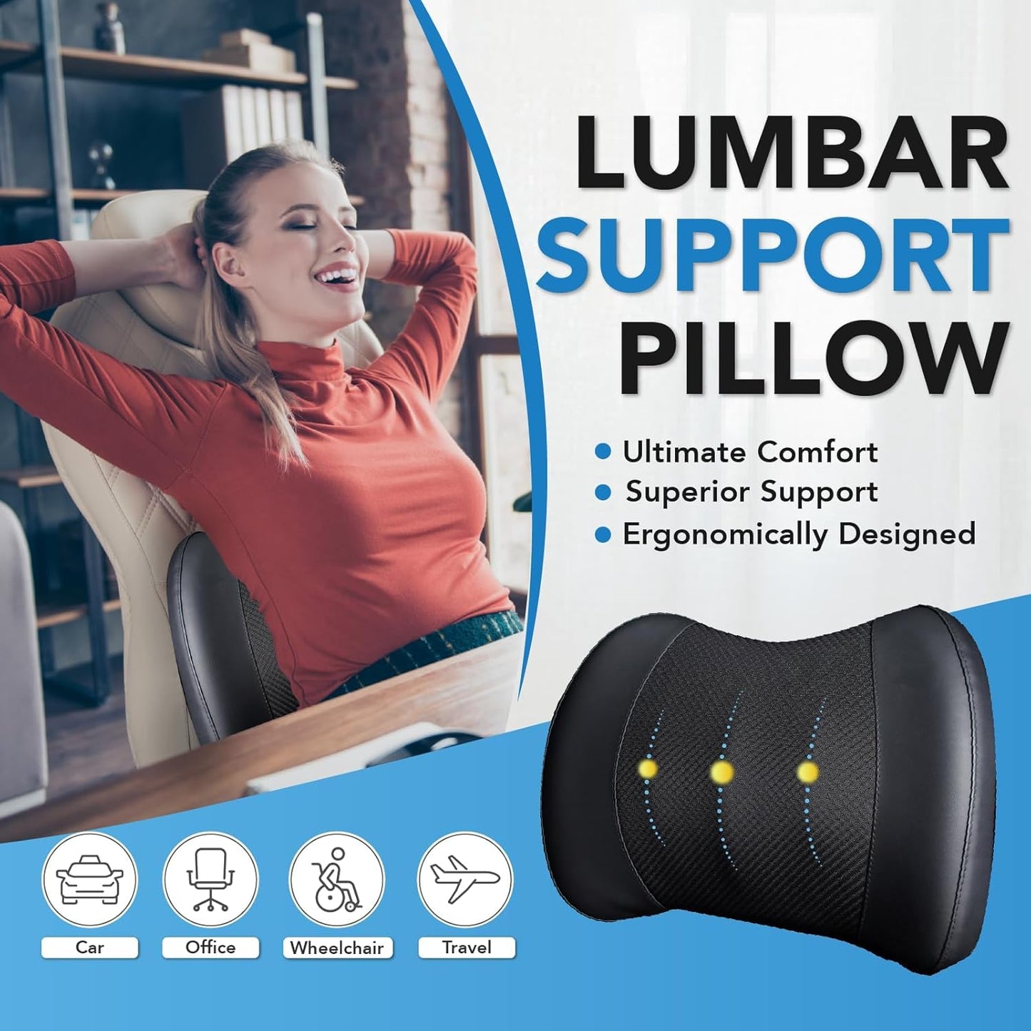 Lumbar Support Pillow: Memory Foam Lumbar Pillow for Lower Back Pain Relief - Car Back Cushion for Driving