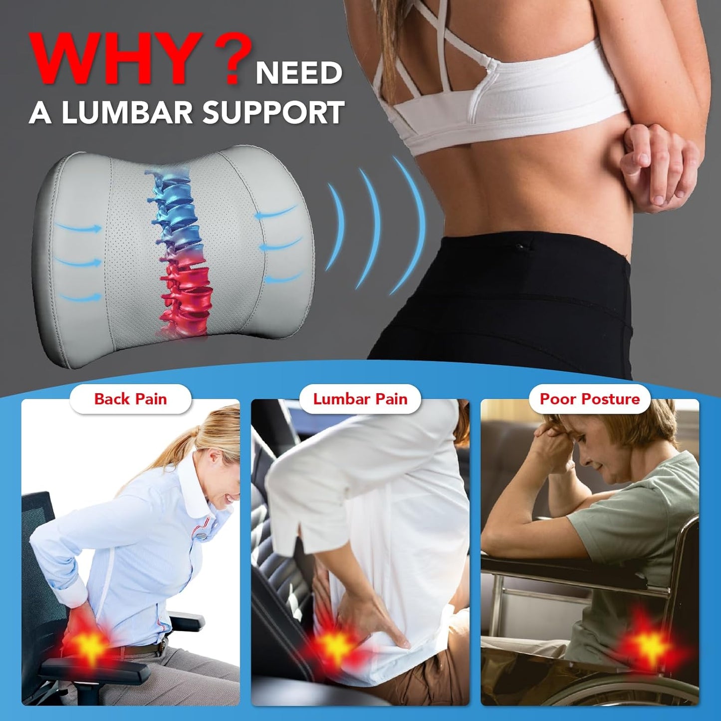 Lumbar Support Pillow: Memory Foam Lumbar Pillow for Lower Back Pain Relief - Car Back Cushion for Driving