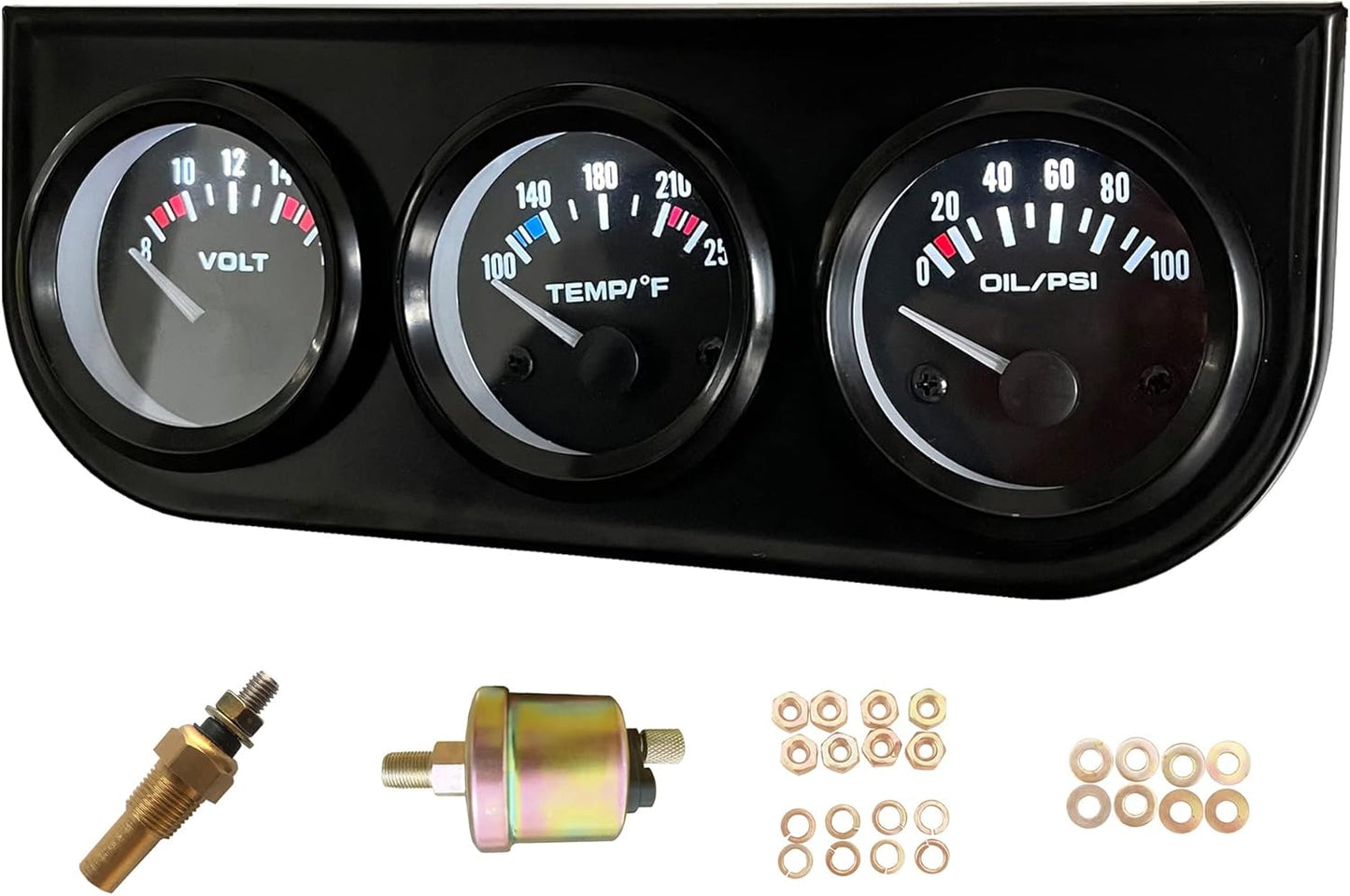 52mm 3 in1 Car Meter Auto Gauge Kit(8-16V Volt Meter +100-250℉ Water Temperature Gauge+ 0-100 psi Oil Pressure Meter)