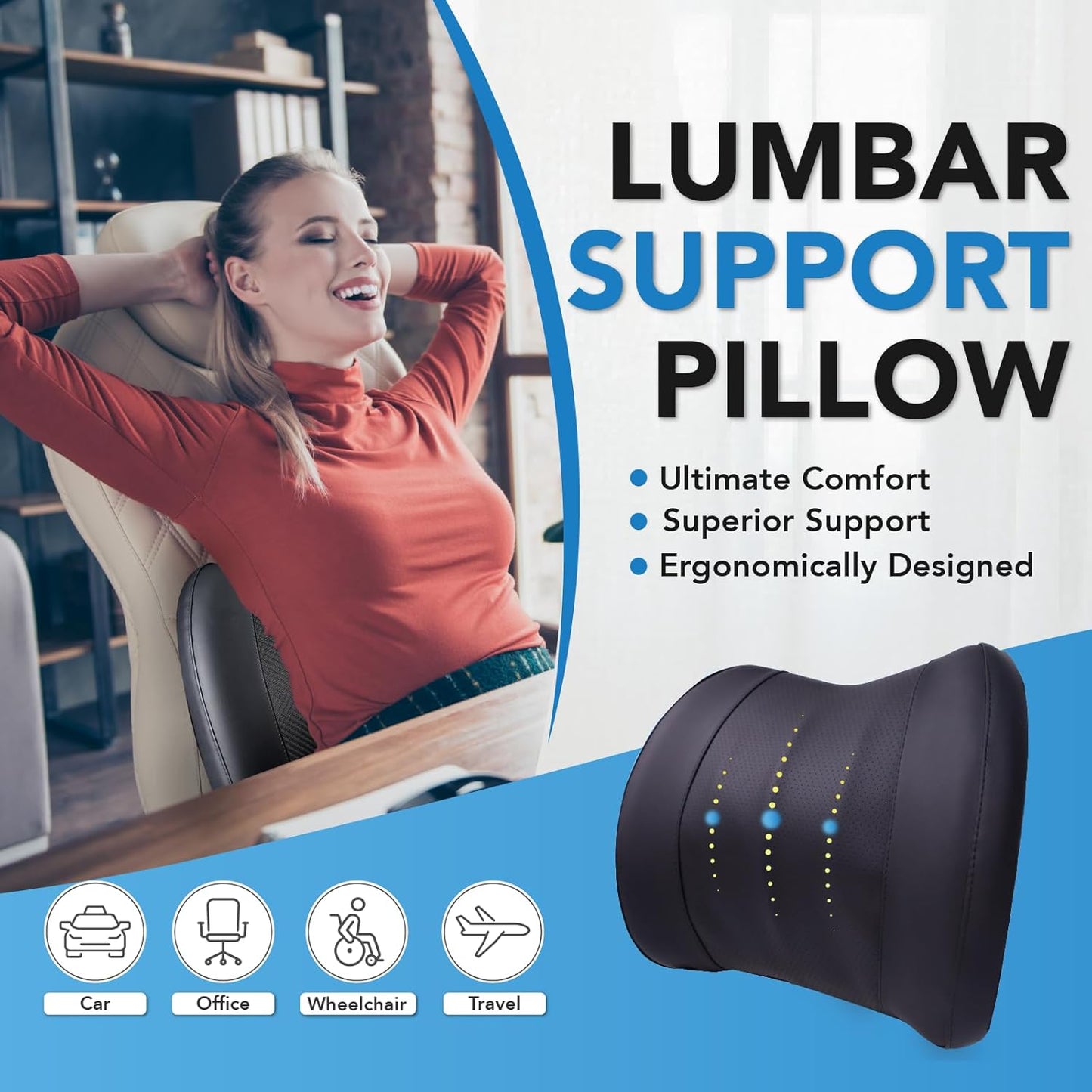 Lumbar Support Pillow: Memory Foam Lumbar Pillow for Lower Back Pain Relief - Car Back Cushion for Driving