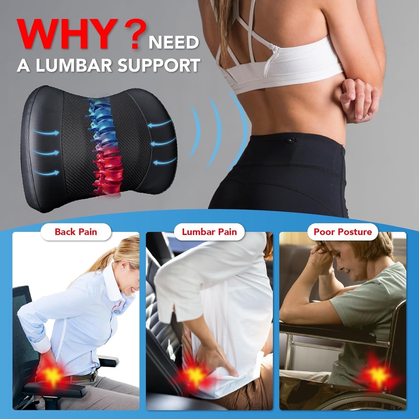 Lumbar Support Pillow: Memory Foam Lumbar Pillow for Lower Back Pain Relief - Car Back Cushion for Driving