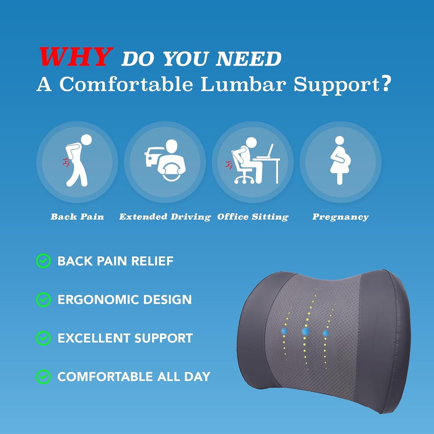 Lumbar Support Pillow: Memory Foam Lumbar Pillow for Lower Back Pain Relief - Car Back Cushion for Driving