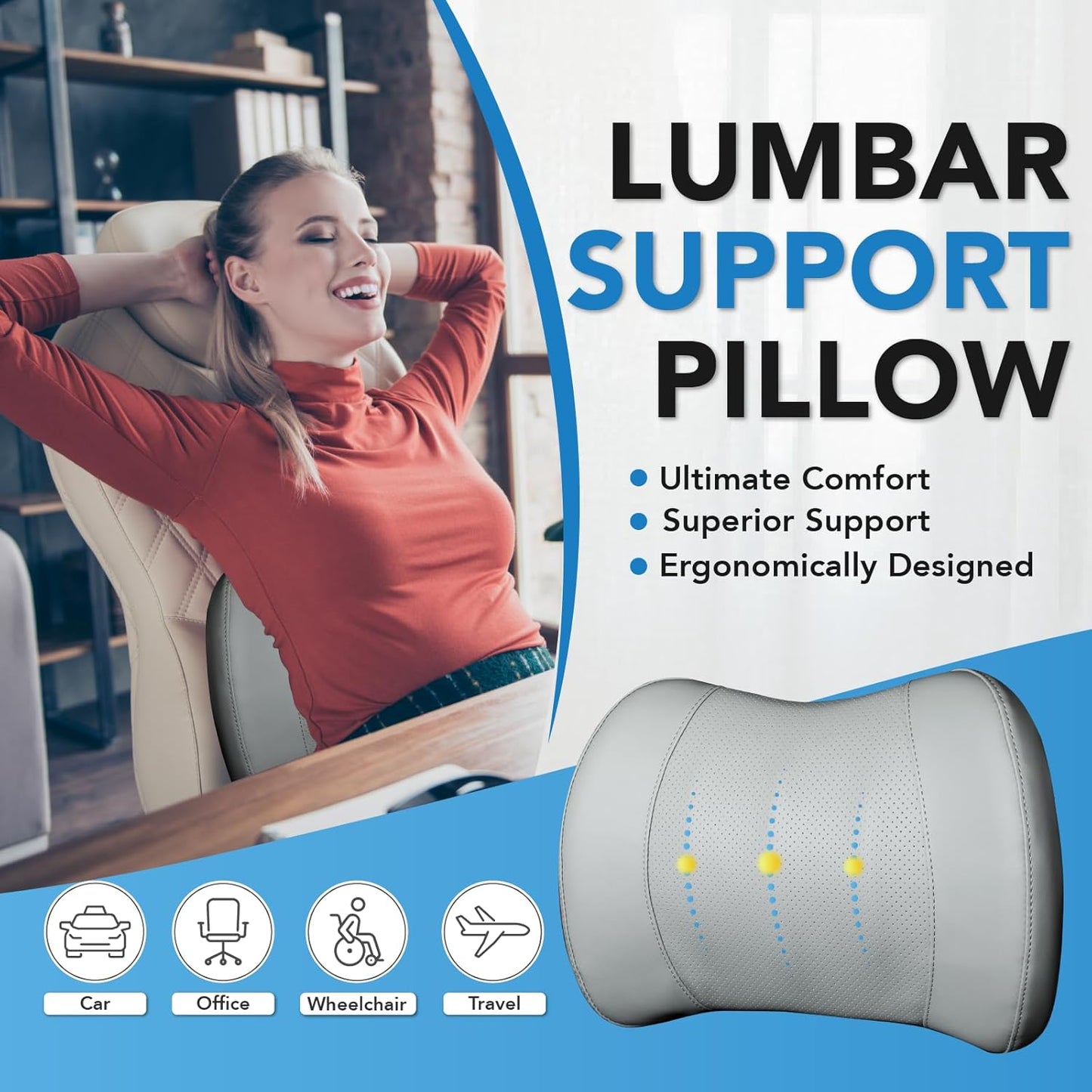 Lumbar Support Pillow: Memory Foam Lumbar Pillow for Lower Back Pain Relief - Car Back Cushion for Driving