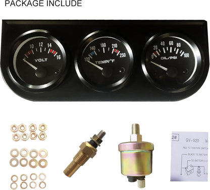 52mm 3 in1 Car Meter Auto Gauge Kit(8-16V Volt Meter +100-250℉ Water Temperature Gauge+ 0-100 psi Oil Pressure Meter)