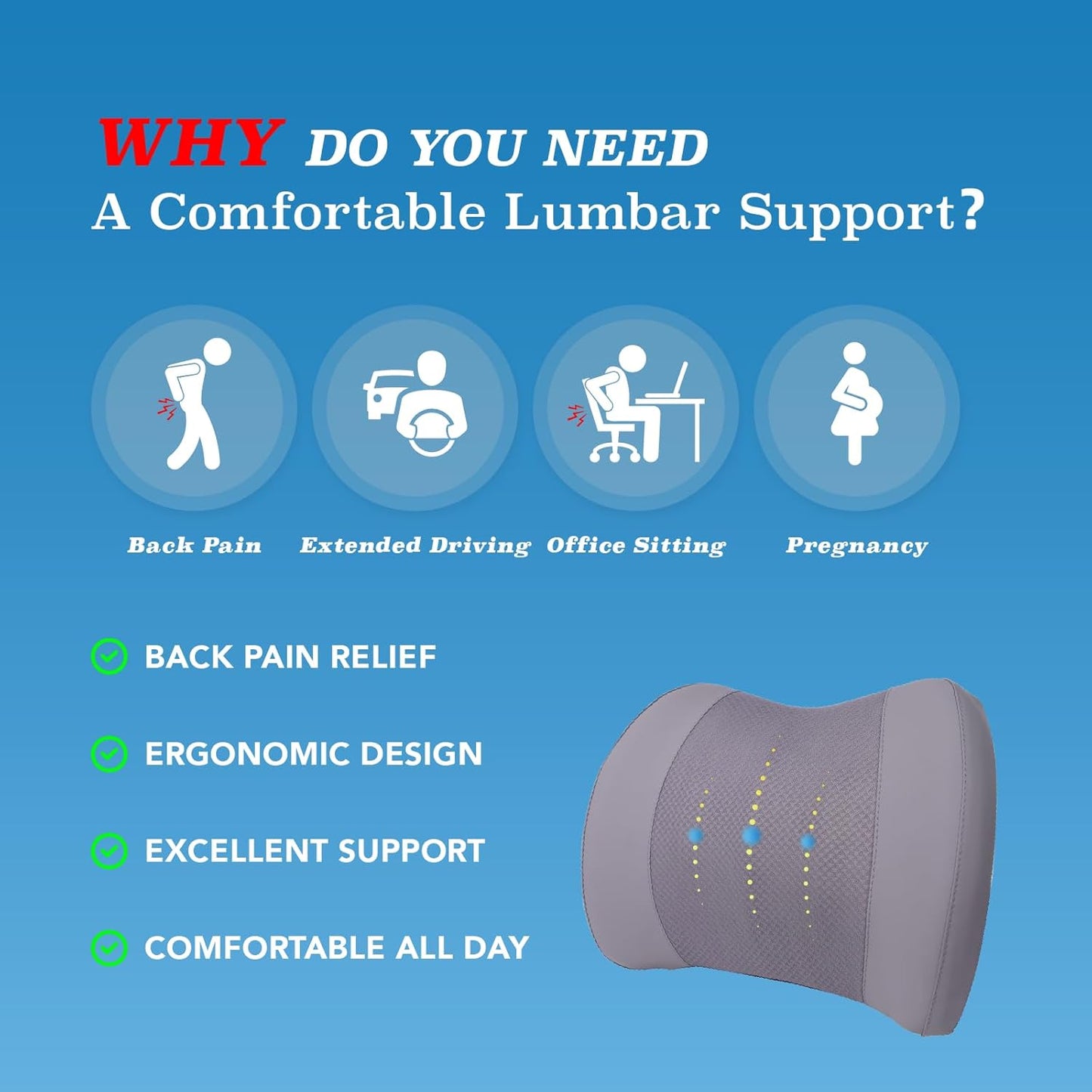 Lumbar Support Pillow: Memory Foam Lumbar Pillow for Lower Back Pain Relief - Car Back Cushion for Driving