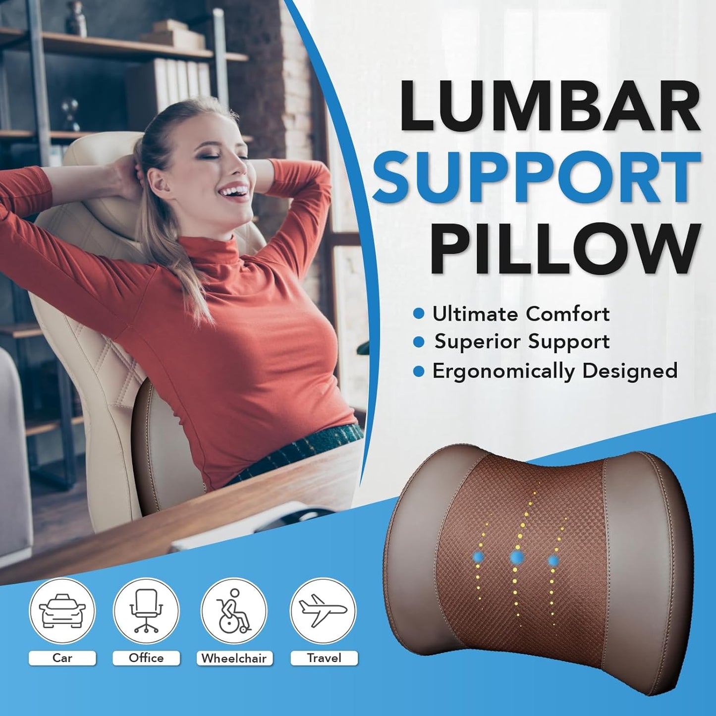 Lumbar Support Pillow: Memory Foam Lumbar Pillow for Lower Back Pain Relief - Car Back Cushion for Driving