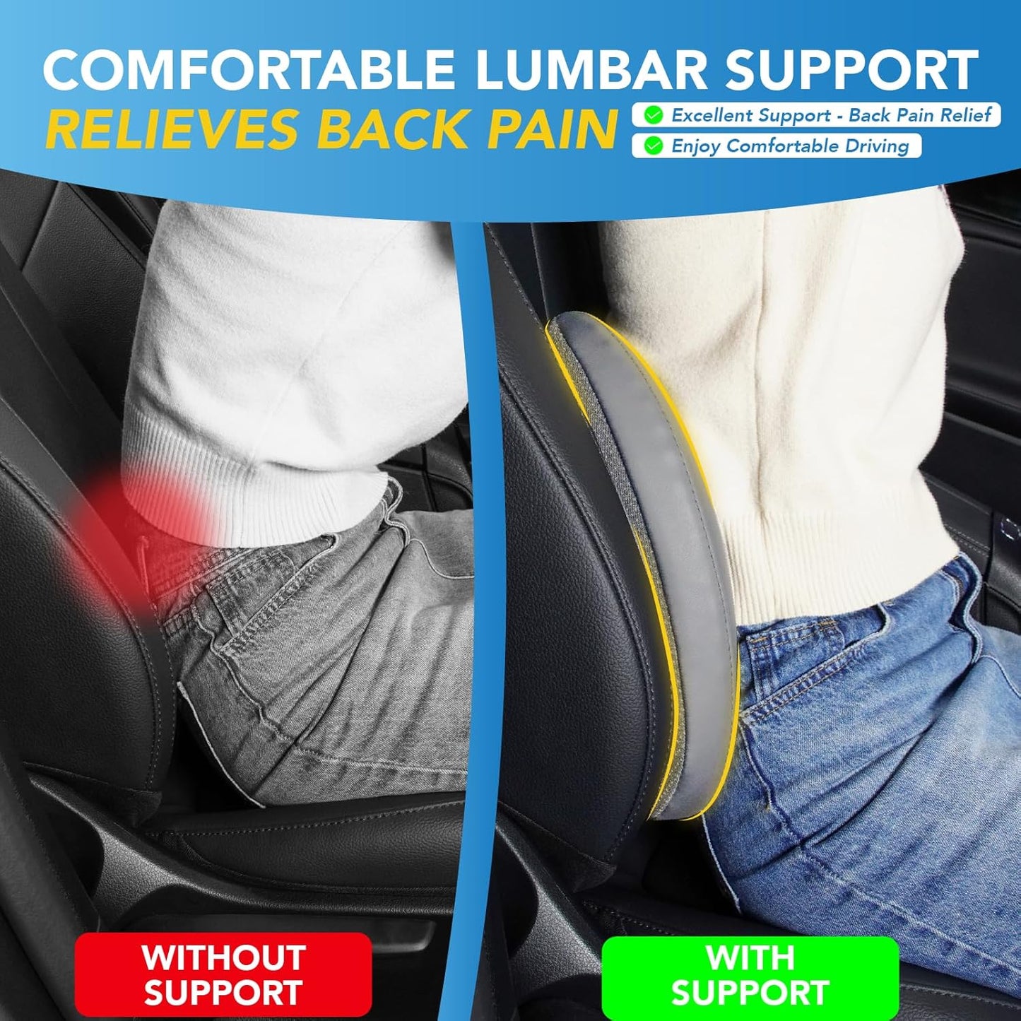 Lumbar Support Pillow: Memory Foam Lumbar Pillow for Lower Back Pain Relief - Car Back Cushion for Driving